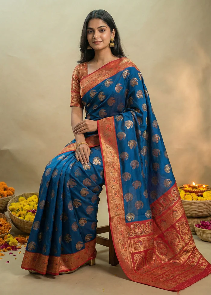 Blue Baluchari Silk Saree With Blouse Piece - Image 3