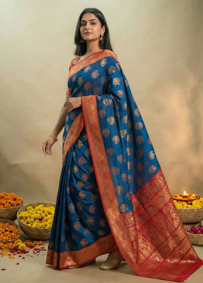 Blue Baluchari Silk Saree With Blouse Piece - Image 4