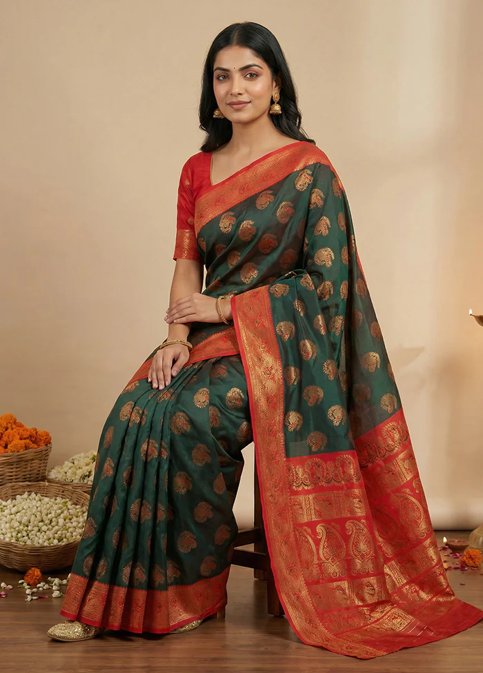 Green Baluchari Silk Saree With Blouse Piece - Image 3