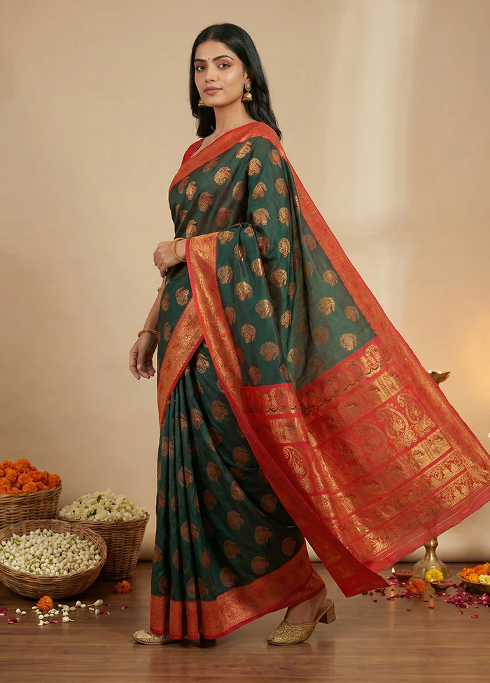 Green Baluchari Silk Saree With Blouse Piece - Image 4