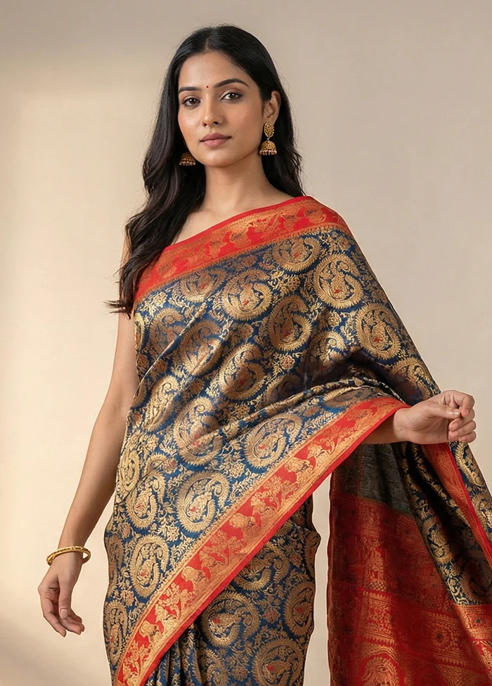 Blue Baluchari Silk Saree With Blouse Piece - Image 2