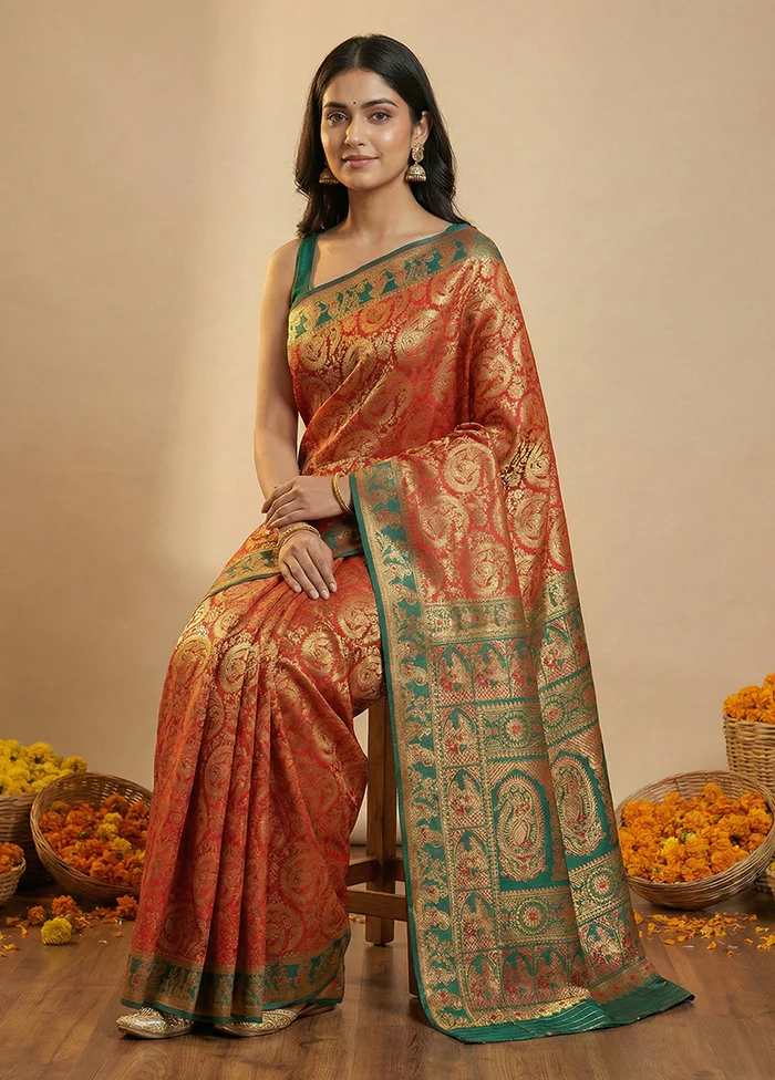 Red Baluchari Silk Saree With Blouse Piece - Image 3