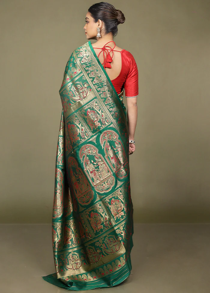 Green Baluchari Silk Saree With Blouse Piece - Image 3