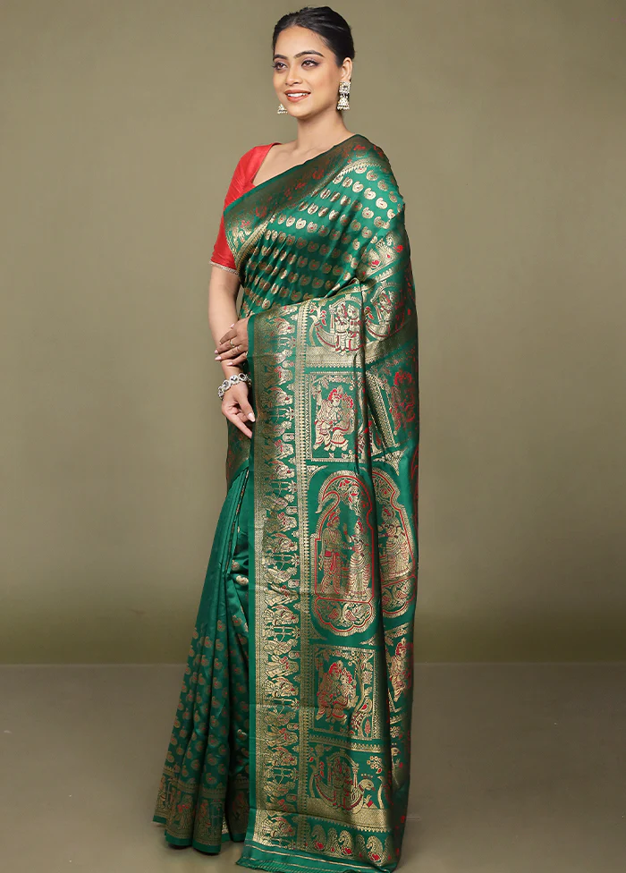 Green Baluchari Silk Saree With Blouse Piece - Image 4