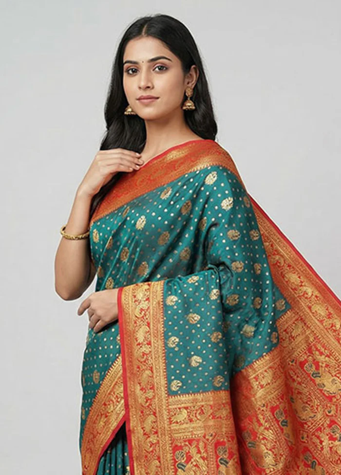 Green Baluchari Silk Saree With Blouse Piece - Image 2