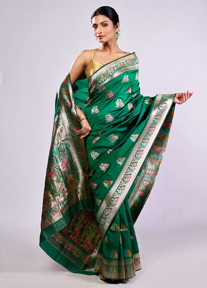 Green Baluchari Silk Saree With Blouse Piece - Image 2
