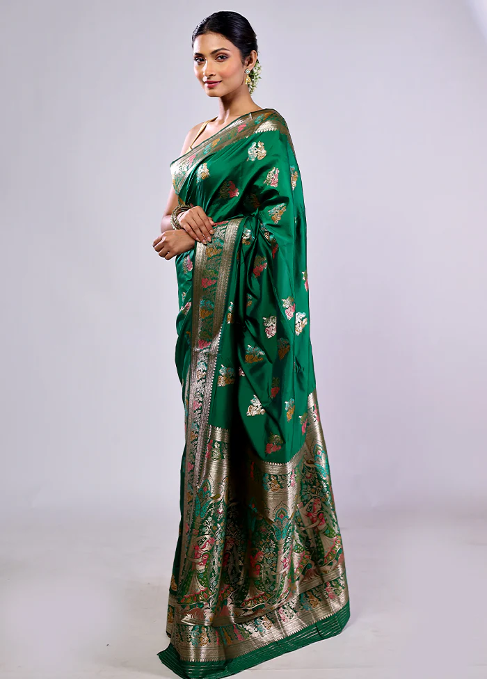 Green Baluchari Silk Saree With Blouse Piece - Image 4