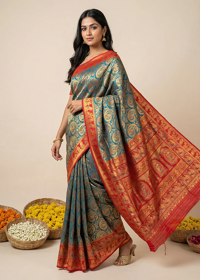 Blue Baluchari Silk Saree With Blouse Piece