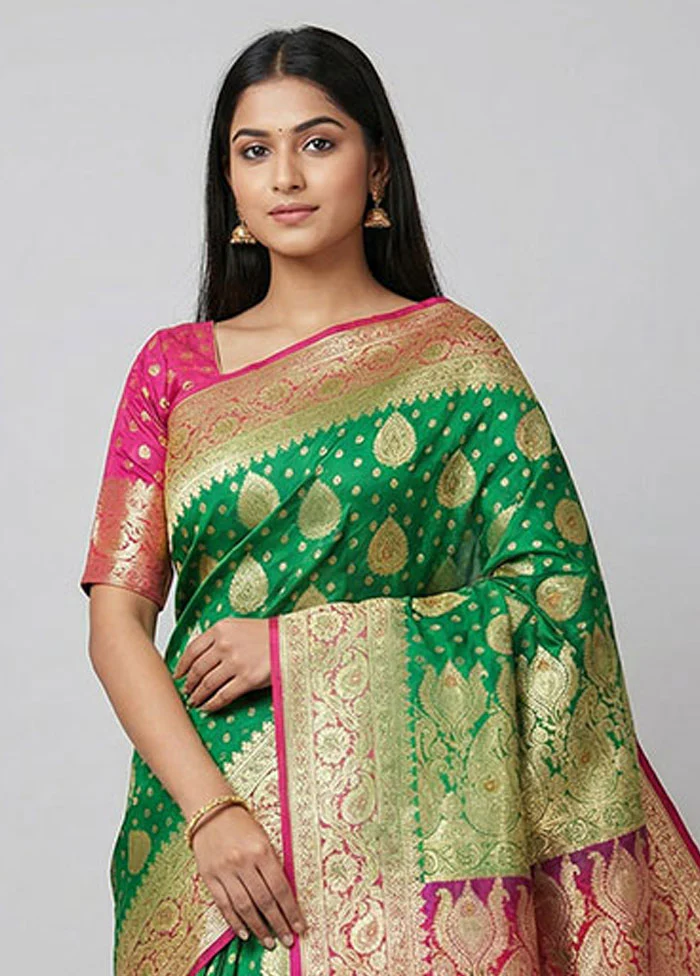 Green Banarasi Silk Saree With Blouse Piece - Image 2