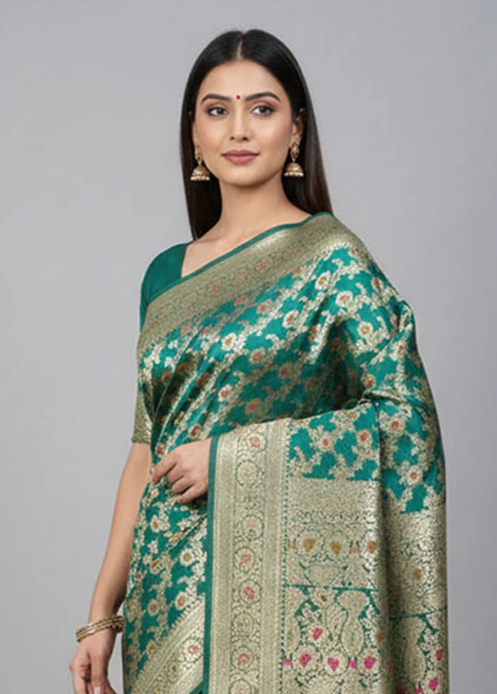 Green Banarasi Silk Saree With Blouse Piece - Image 2