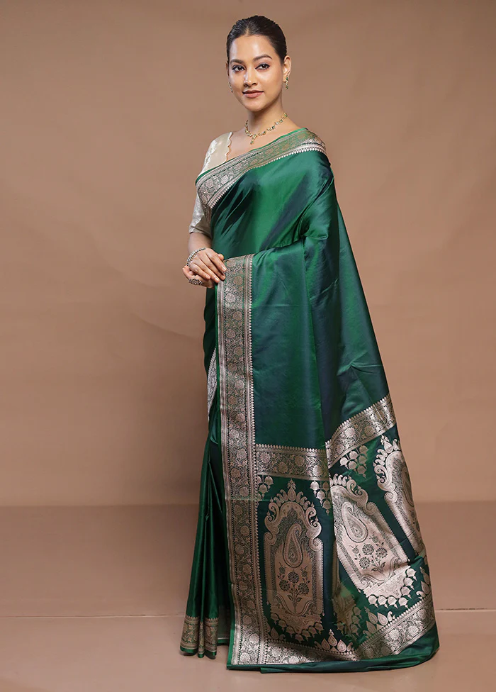 Green Banarasi Silk Saree With Blouse Piece - Image 4