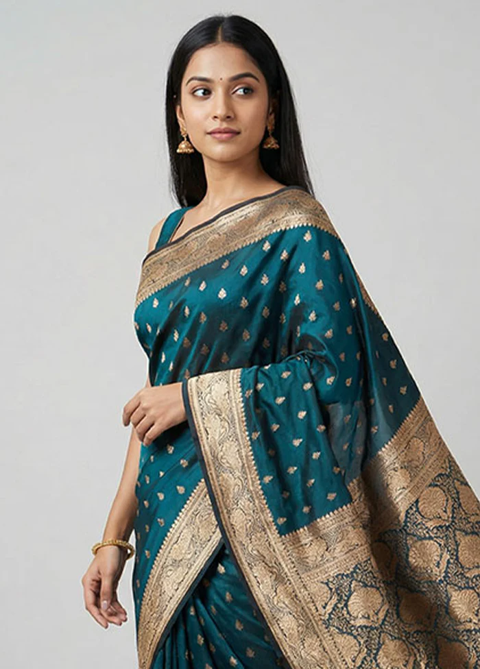 Green Banarasi Silk Saree With Blouse Piece - Image 2