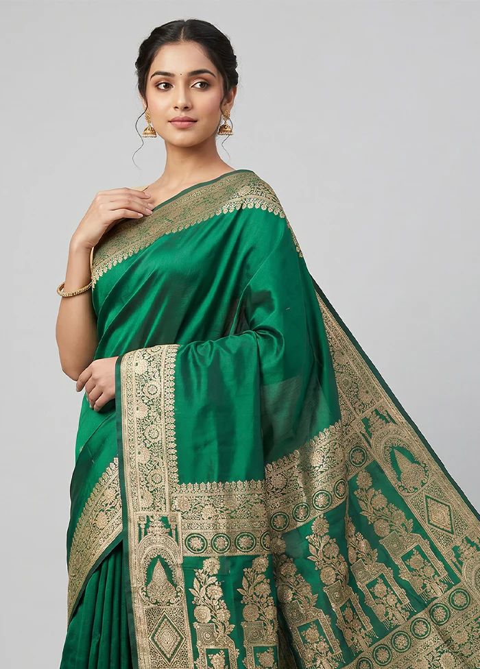 Green Banarasi Silk Saree With Blouse Piece - Image 2
