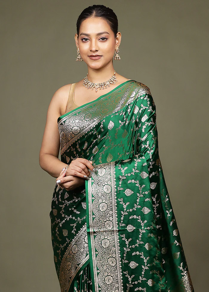 Green Banarasi Silk Saree With Blouse Piece