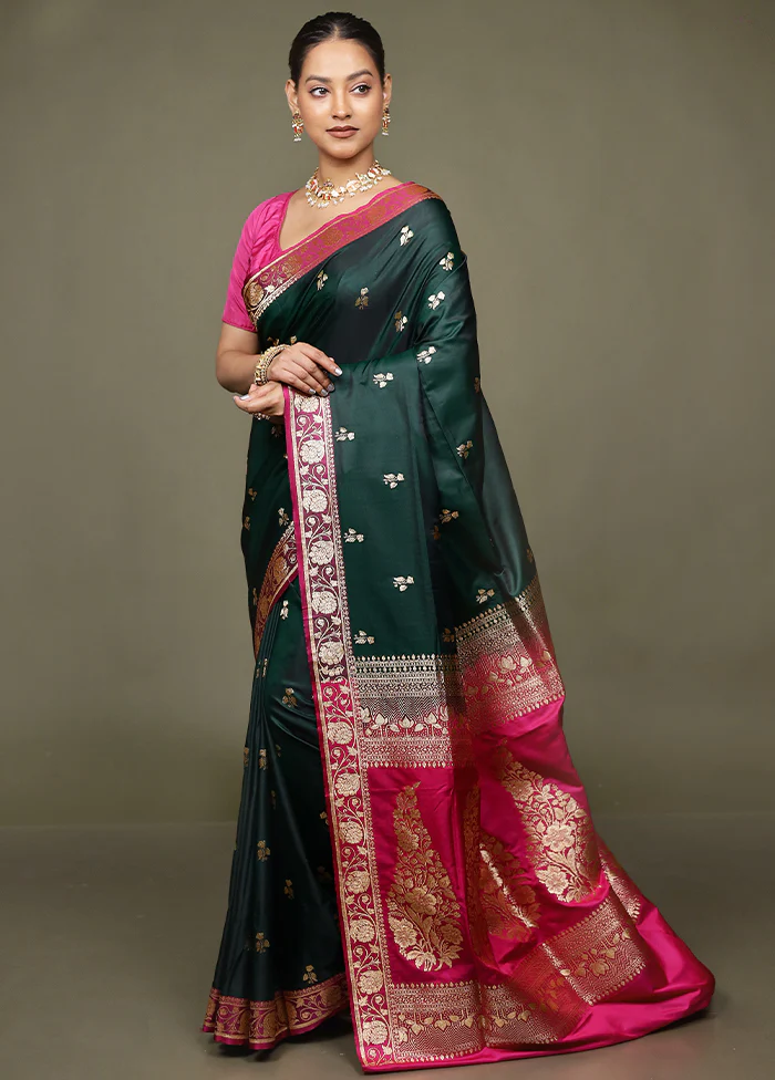 Green Banarasi Silk Saree With Blouse Piece - Image 4