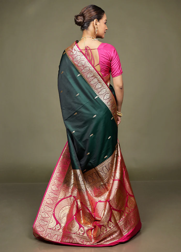 Green Banarasi Silk Saree With Blouse Piece - Image 3