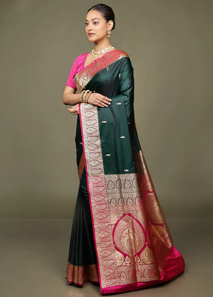 Green Banarasi Silk Saree With Blouse Piece - Image 4