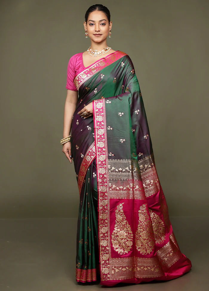 Green Banarasi Silk Saree With Blouse Piece - Image 2