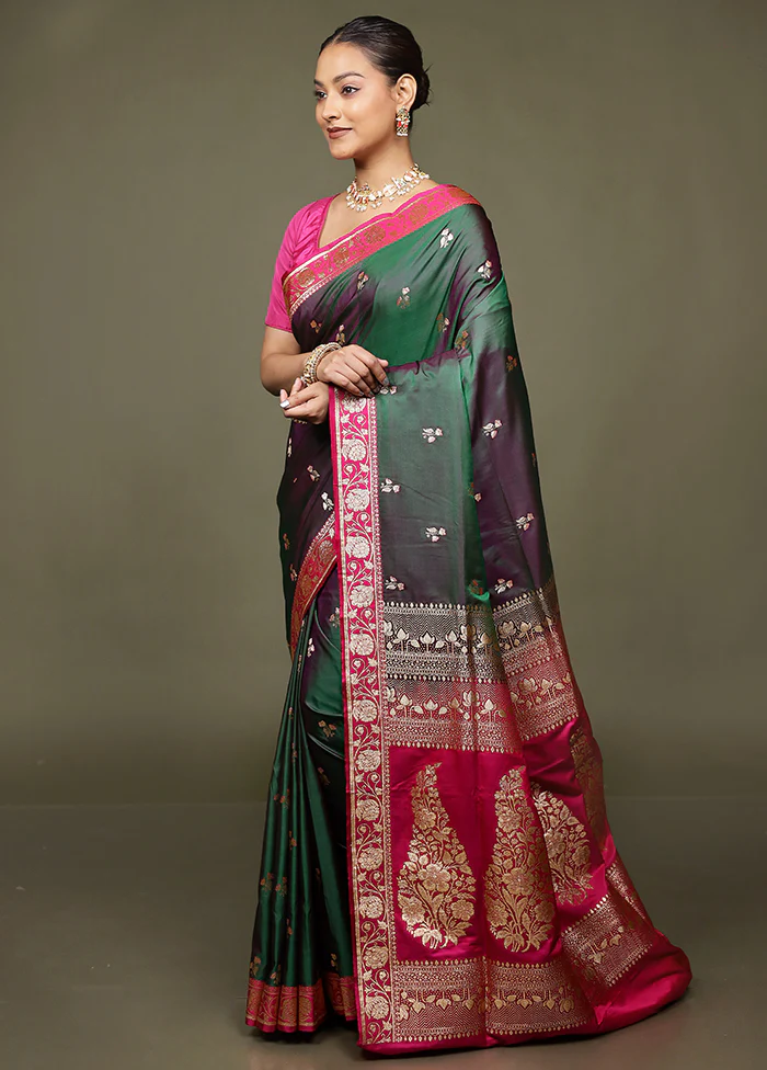 Green Banarasi Silk Saree With Blouse Piece - Image 4