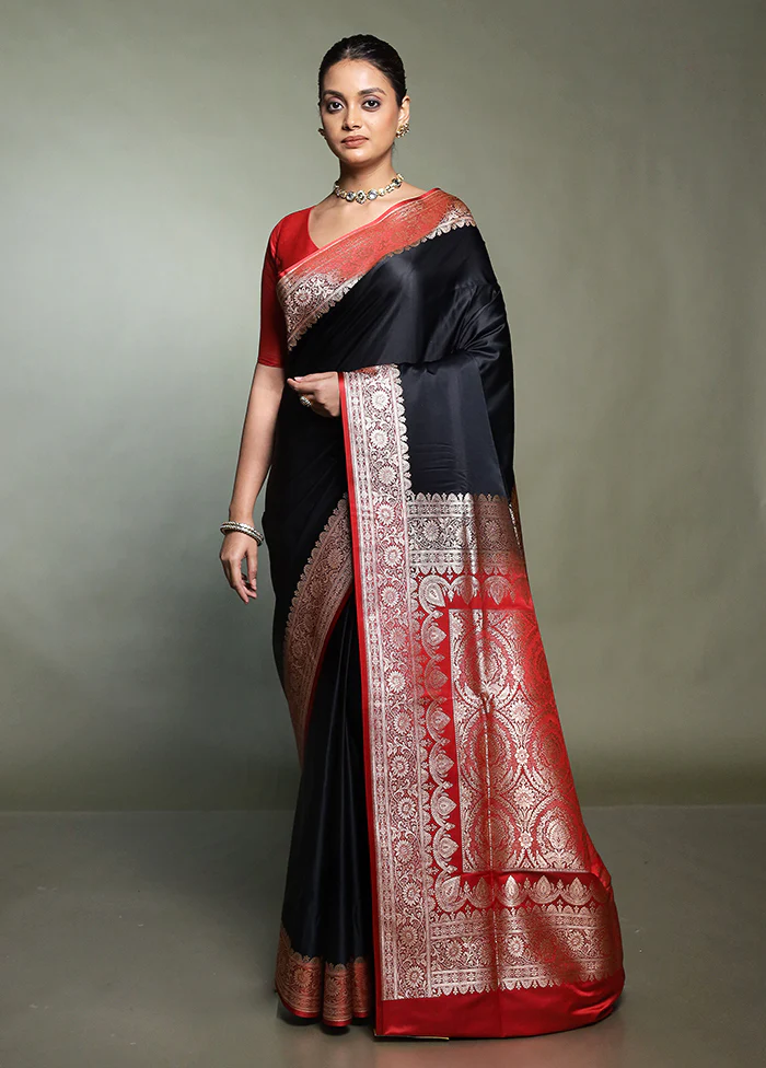 Black Banarasi Silk Saree With Blouse Piece - Image 2