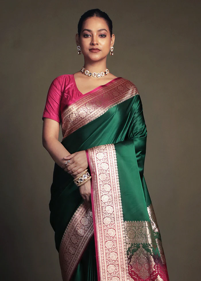 Green Banarasi Silk Saree With Blouse Piece - Image 2