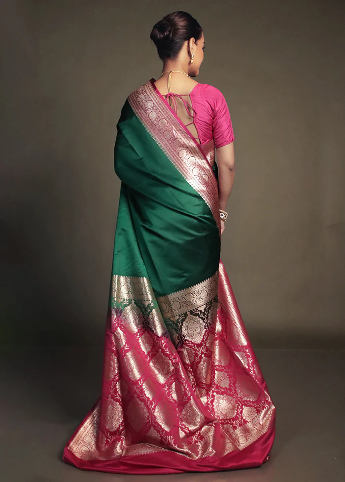 Green Banarasi Silk Saree With Blouse Piece - Image 3