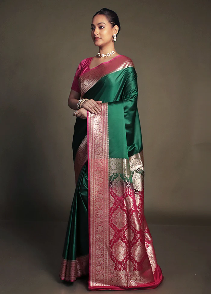 Green Banarasi Silk Saree With Blouse Piece - Image 4