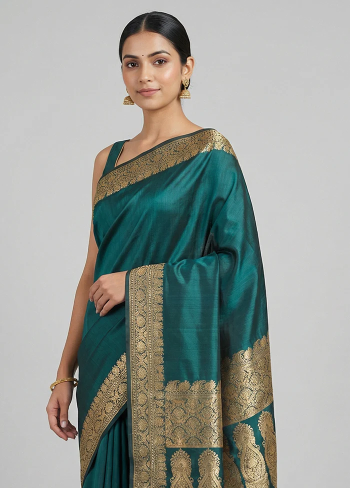 Green Banarasi Silk Saree With Blouse Piece - Image 2
