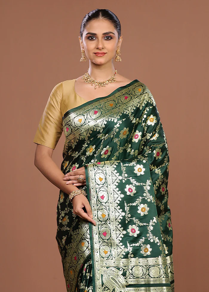 Green Banarasi Silk Saree With Blouse Piece