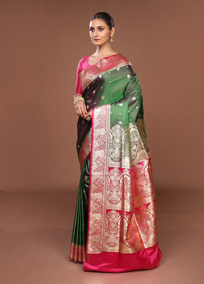 Green Banarasi Silk Saree With Blouse Piece - Image 4