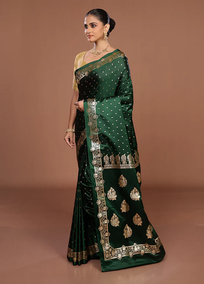 Green Banarasi Silk Saree With Blouse Piece - Image 4