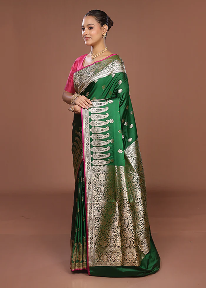 Green Banarasi Silk Saree With Blouse Piece - Image 4