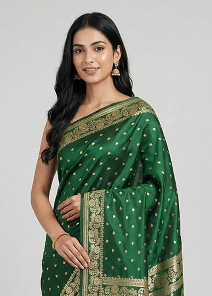 Green Banarasi Silk Saree With Blouse Piece - Image 2