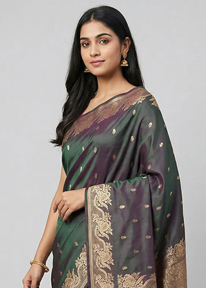 Green Banarasi Silk Saree With Blouse Piece - Image 2