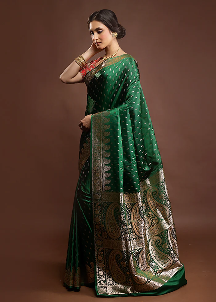 Green Banarasi Silk Saree With Blouse Piece - Image 4