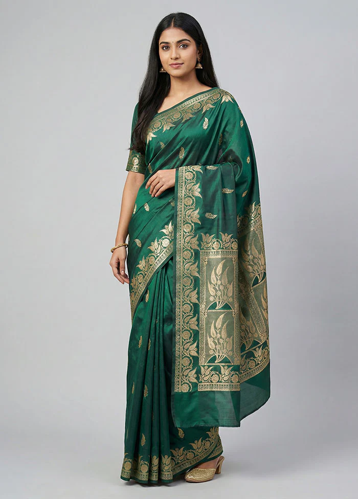 Green Banarasi Silk Saree With Blouse Piece