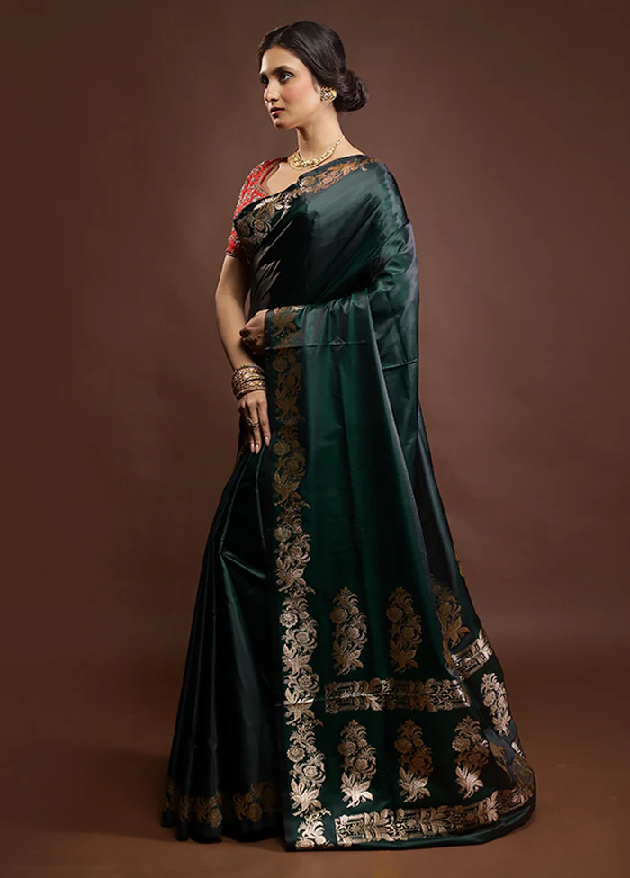 Green Banarasi Silk Saree With Blouse Piece - Image 4