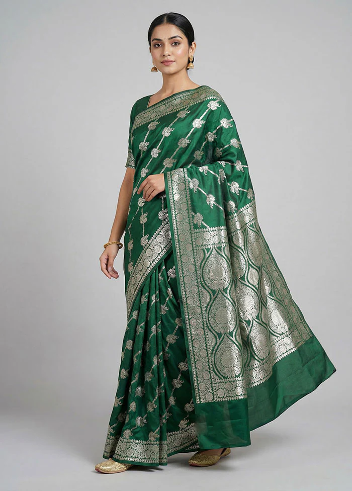 Green Banarasi Silk Saree With Blouse Piece