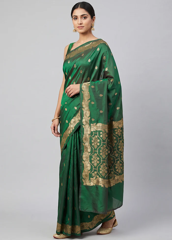 Green Banarasi Silk Saree With Blouse Piece