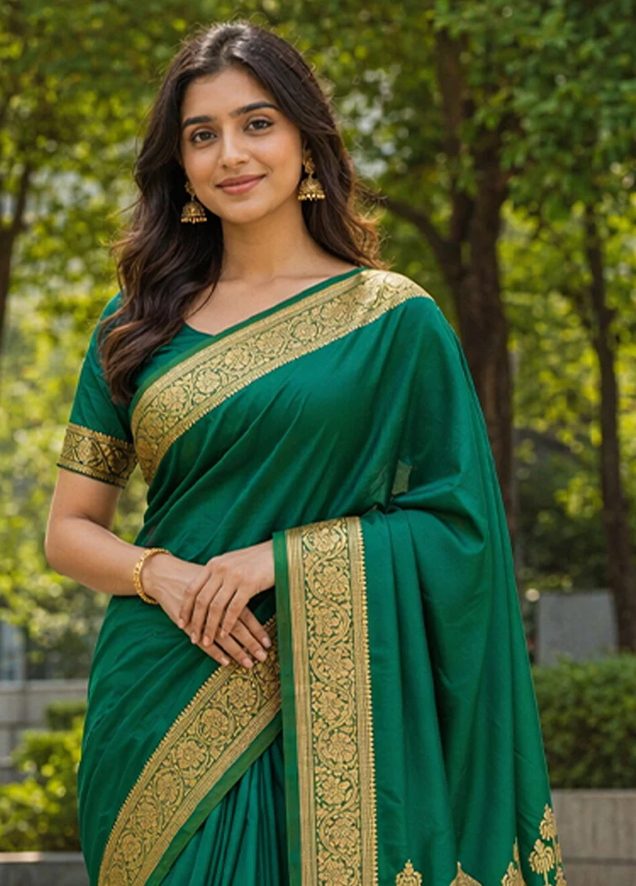 Green Banarasi Silk Saree With Blouse Piece - Image 2