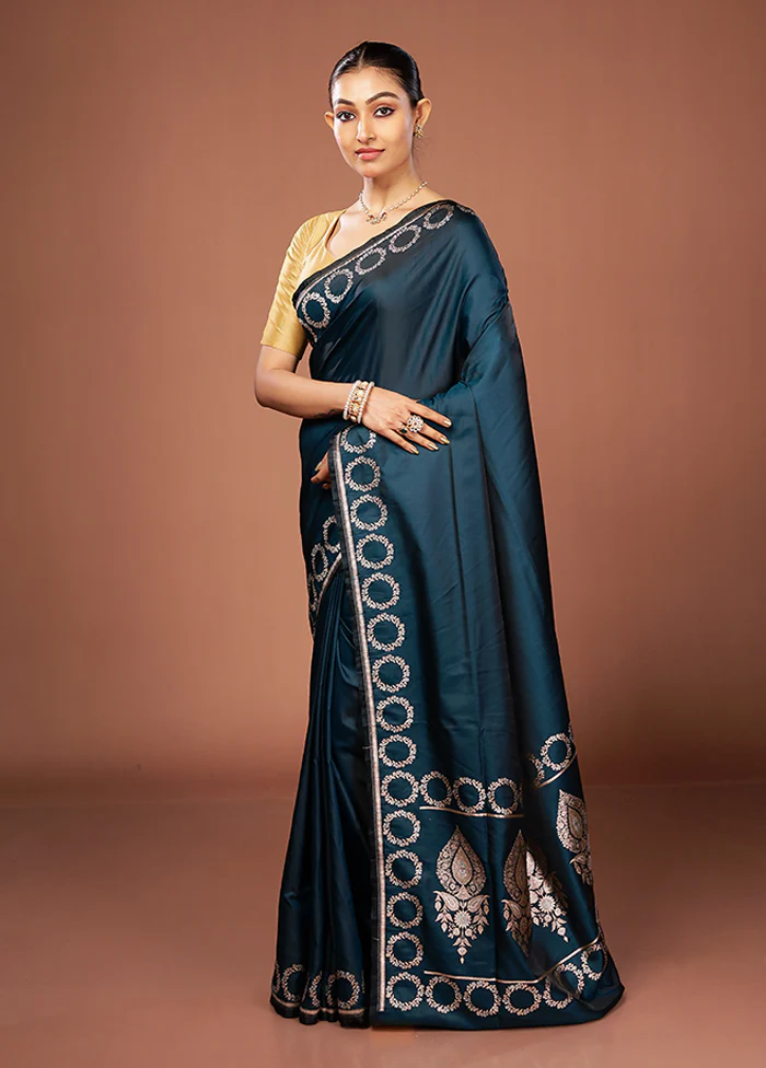Blue Banarasi Silk Saree With Blouse Piece - Image 4