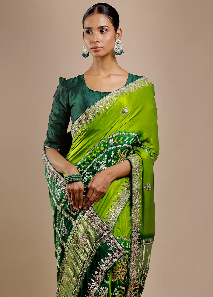 Green Bandhej Pure Silk Saree Without Blouse Piece - Image 3