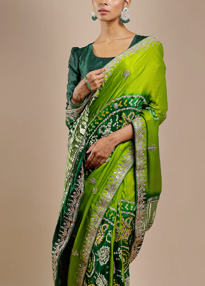 Green Bandhej Pure Silk Saree Without Blouse Piece - Image 5