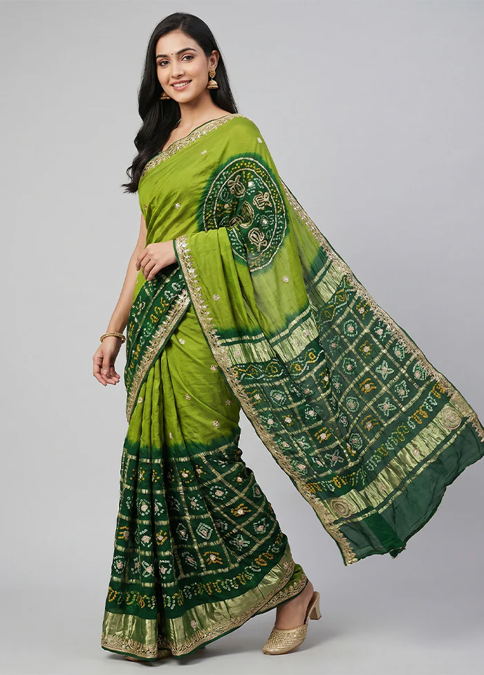 Green Bandhej Silk Saree With Blouse Piece