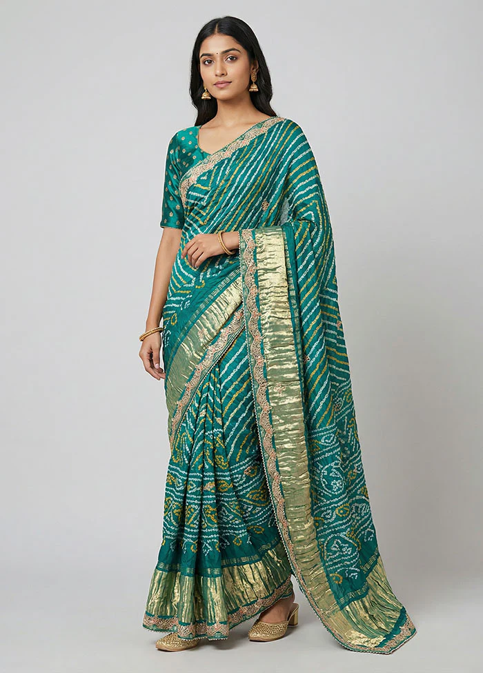 Green Bandhej Silk Saree With Blouse Piece