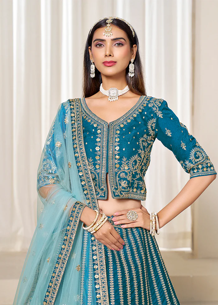 Green Blended Silk Dupatta Lehenga Set - Image 2