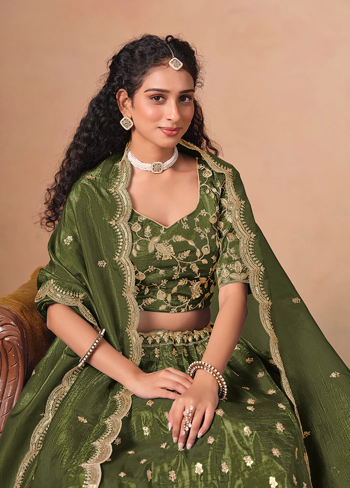 Green Blended Silk Lehenga Set - Image 2
