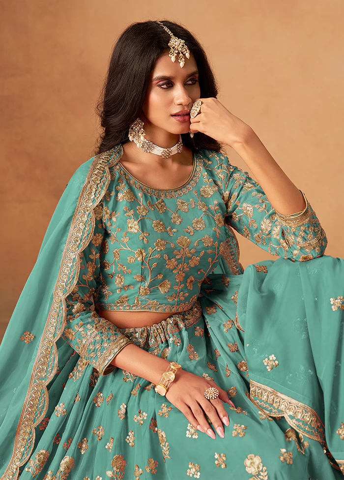 Green Blended Silk Lehenga Set - Image 2