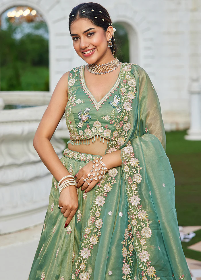 Green Blended Silk Ready to wear Lehenga Set - Image 2