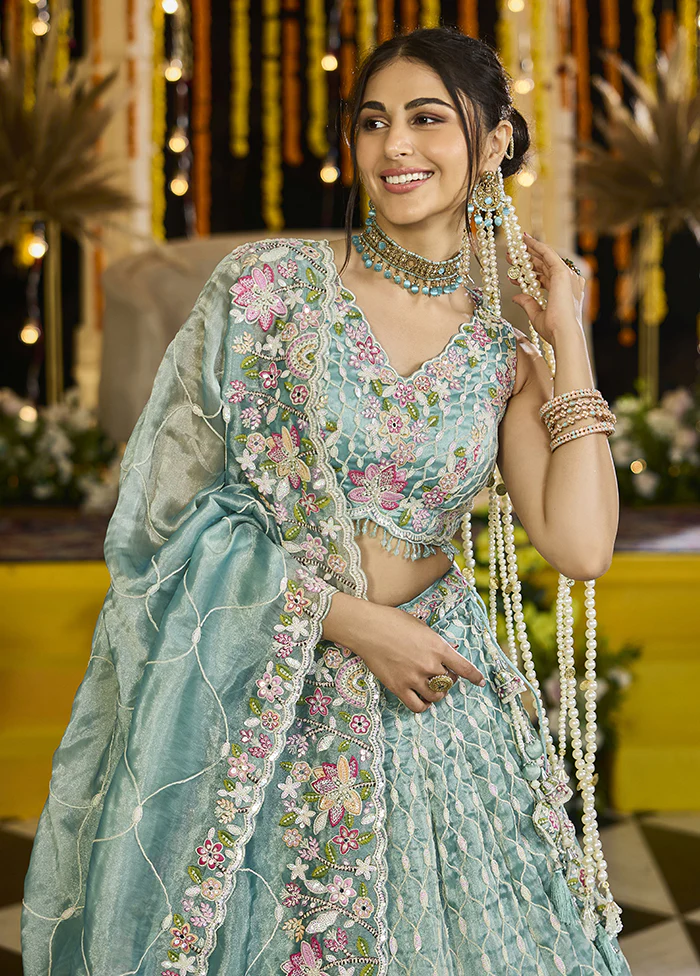 Green Blended Silk Lehenga Set - Image 2